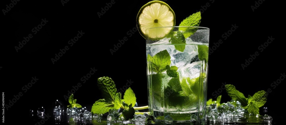 Poster a cocktail mojito displayed on a dark background with a glass filled with ice, lime slice, fresh min