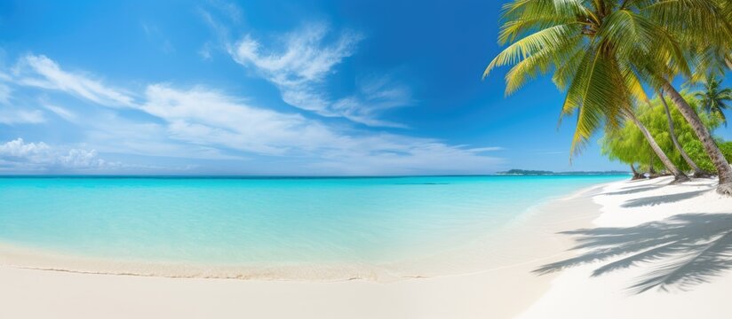 Idyllic tropical beach with palm tree in a panoramic banner photo with a spacious copy space image.