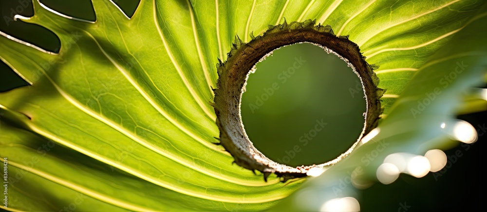 Aufkleber Close-up of a bird's nest fern leaf at the end of a tree branch forming a beautiful circular shape in a macro photo with selective focus, providing a copy space image.