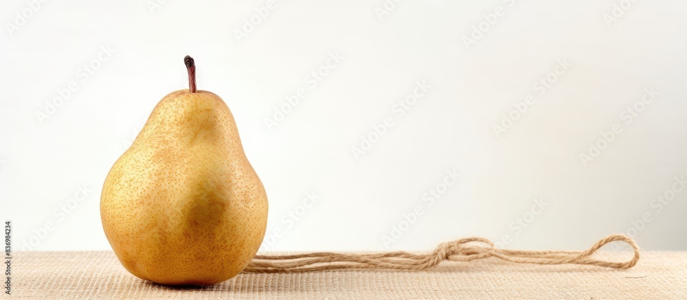 Poster there is a ripe, juicy pear with a white background and next to it, there's a ball of jute thread in