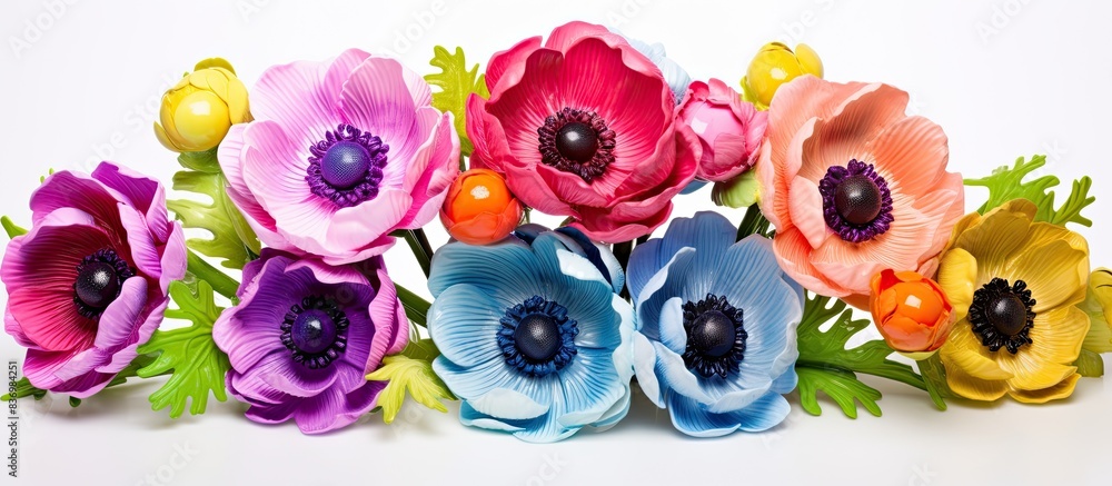 Poster vibrant anemones in a colorful bouquet isolated on a white background with copy space image.