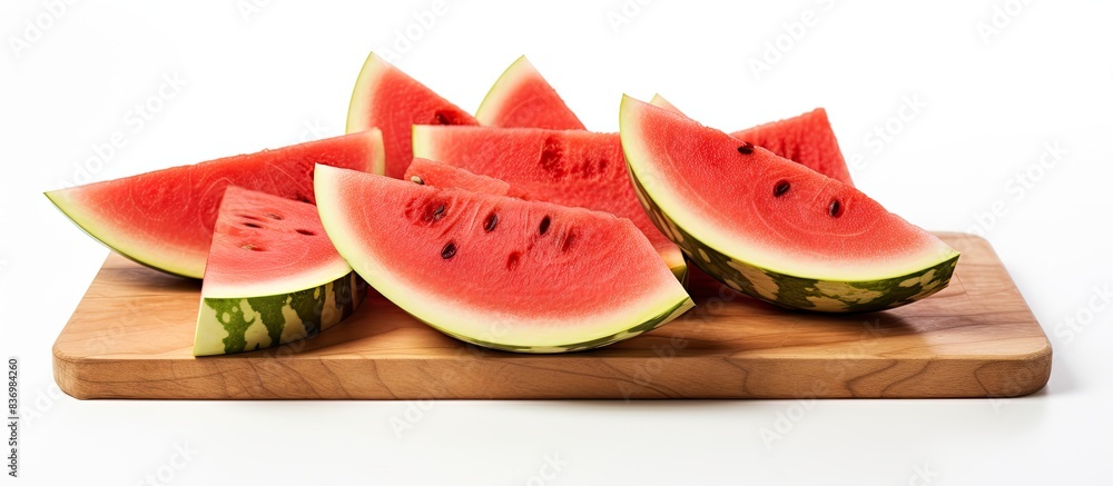 Poster Close-up image of a cutting board with watermelon slices on a white background with copy space image.