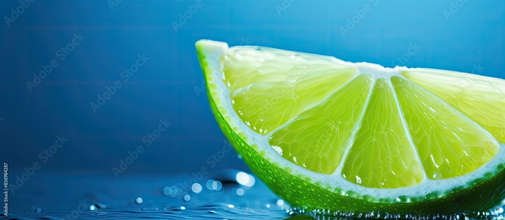 Poster A slice of lime with a drop displayed on a blue background, providing a refreshing and vibrant copy space image.