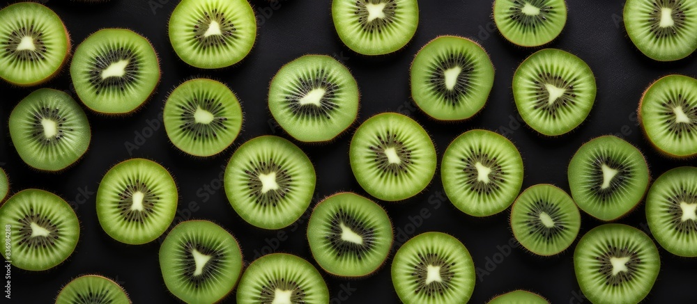 Poster Kiwi pattern with slices arranged in a top view on a black background, showcasing a minimal flat lay concept with copy space image.