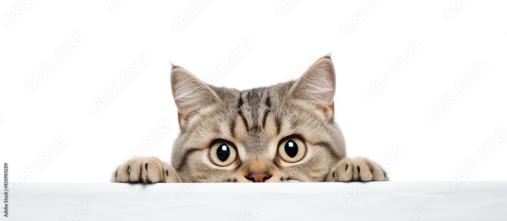 Poster cat with a charming, amusing look on a white background, ideal for a copy space image.