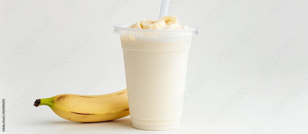 Poster banana milkshake in a plastic cup with a white background and ample copy space image.