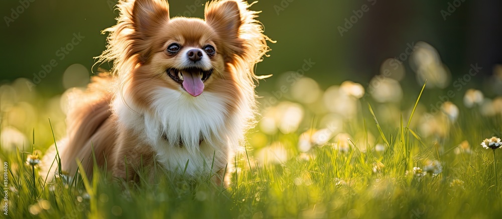 Poster a fluffy long-haired chihuahua is frolicking on a lush green lawn in a vibrant copy space image.