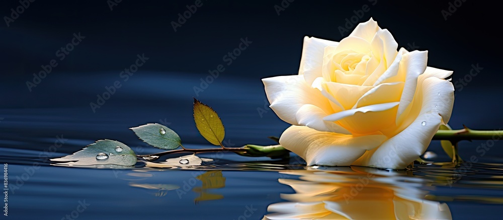 Poster a small white rose with a yellow reflection in a close-up copy space image.