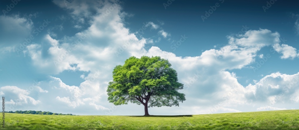 Poster a big tree in a garden under a blue sky with fluffy white clouds in the background displaying ample 