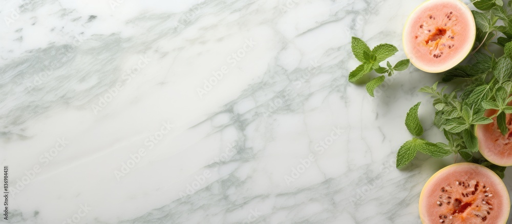 Poster a deliciously sliced melon, with fresh mint and ice, beautifully arranged on a marble surface in a t