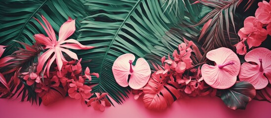 Obraz premium A retro-toned pink background adorned with vibrant tropical green monstera and palm leaves along with exotic flowers; copy space image.