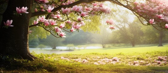 Seasonal landscape with blooming flowers and green foliage, perfect for a copy space image.