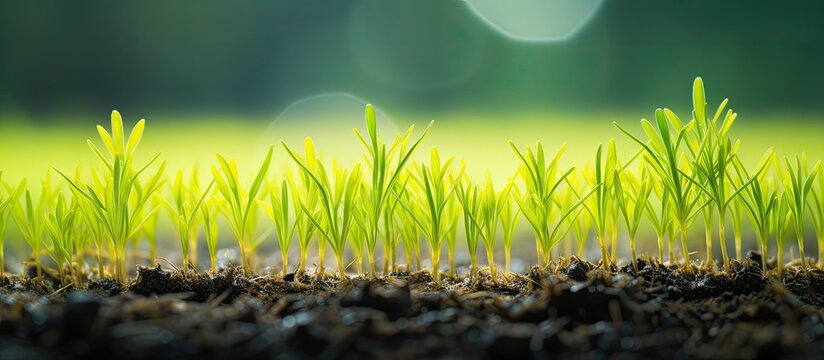 Growing yellow rice seedlings, a staple food in Asia, with a slower growth rate compared to usual, featuring a lush hue, perfect for a copy space image.