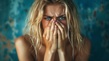 Woman covering her face in sadness and frustration