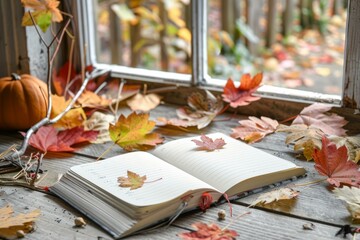 Serene autumn setting with an open notebook amidst fallen leaves by a rustic window