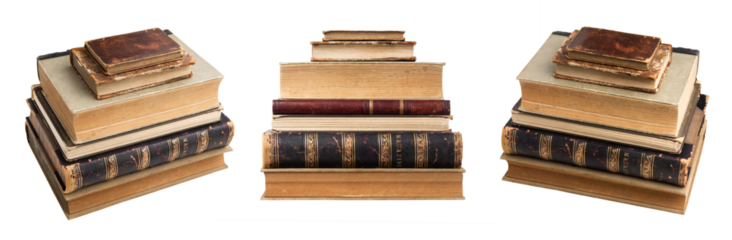 stacks of old (vintage and antique) books isolated over a transparent background, different angles, reading, writing, school, knowledge, wisdom, literature, or library design elements, cut out, PNG