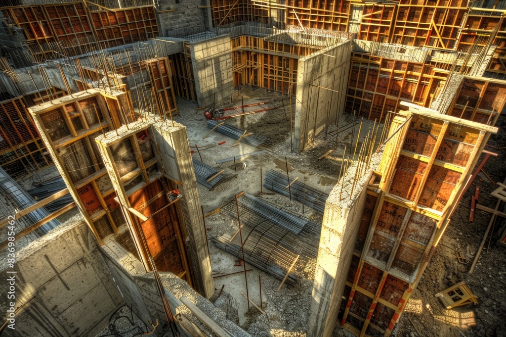 Aufkleber a busy construction site with various materials and tools used in the building process