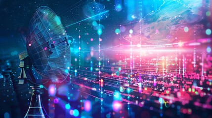 Obraz premium Radio waves transmission, copy space, electromagnetic spectrum, dynamic, composite, satellite dish backdrop