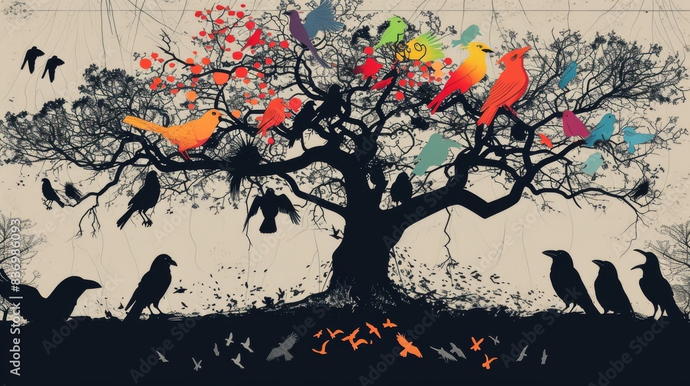 Poster A background depicting a tree with bright and colorful birds sitting on its branches, and dark and ominous crows below it, expressing the contradiction between joy and grief --no text --ar 16:9 -