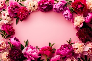 Obraz premium Beautiful pink peonies arranged in a border on a pink background. Ideal for floral and nature-themed projects.