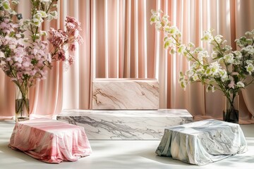 Elegant marble pedestals with pastel fabric drapes and floral arrangements against a pink curtain backdrop, perfect for modern interior design and stylish decor.