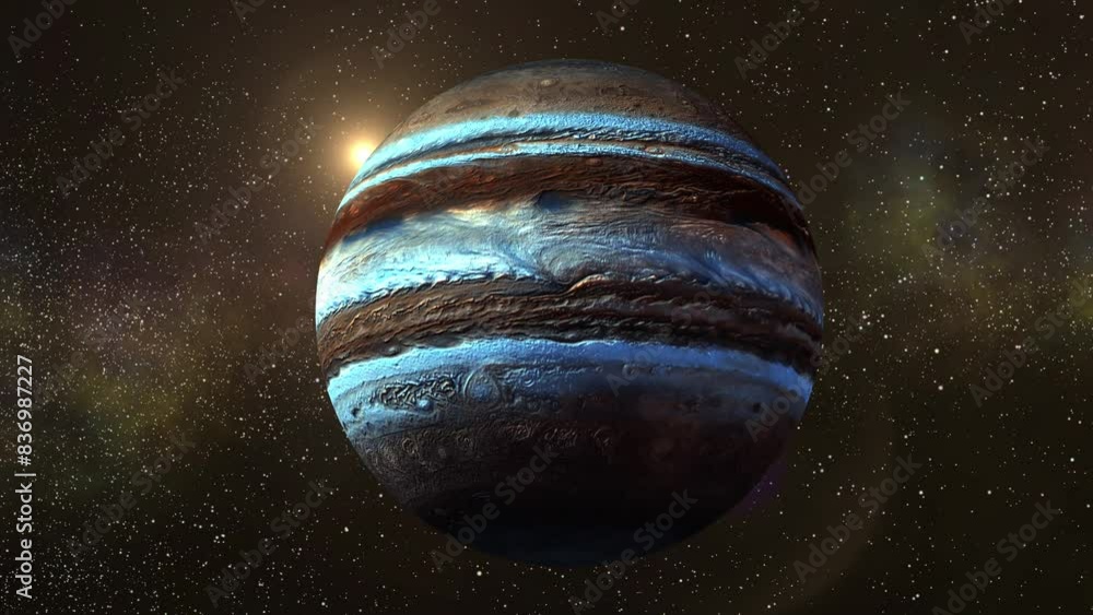 Poster sun and jupiter planet rotating science fiction background animation. closeup shot of jupiter planet