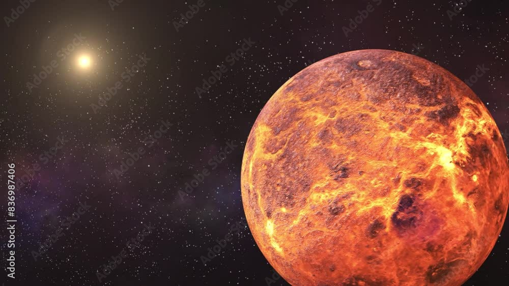 Poster closeup shot of venus planet rotating with nebula and stars are moving in outer space.3d realistic v