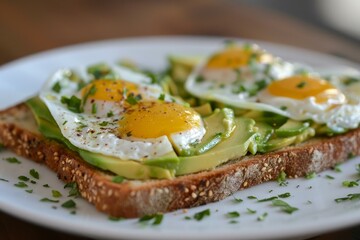 Healthy avocado toast topped with perfectly cooked sunny side up eggs, garnished with parsley