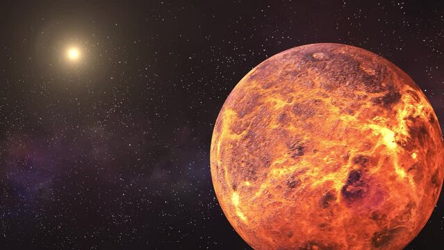 Closeup Shot of venus planet rotating with nebula and stars are moving in outer space.3d realistic venus planet Animation Science Fiction Background. Sun And burning venus planet Rotating Science
