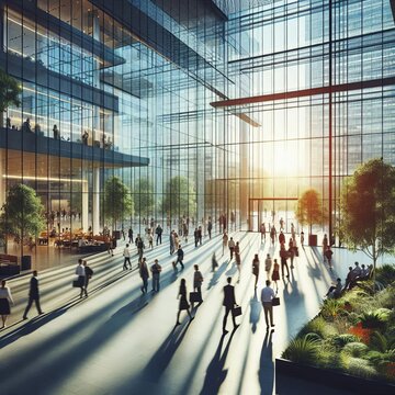 A bustling cityscape atrium with glass walls, sunlight streaming through, and people walking in various directions