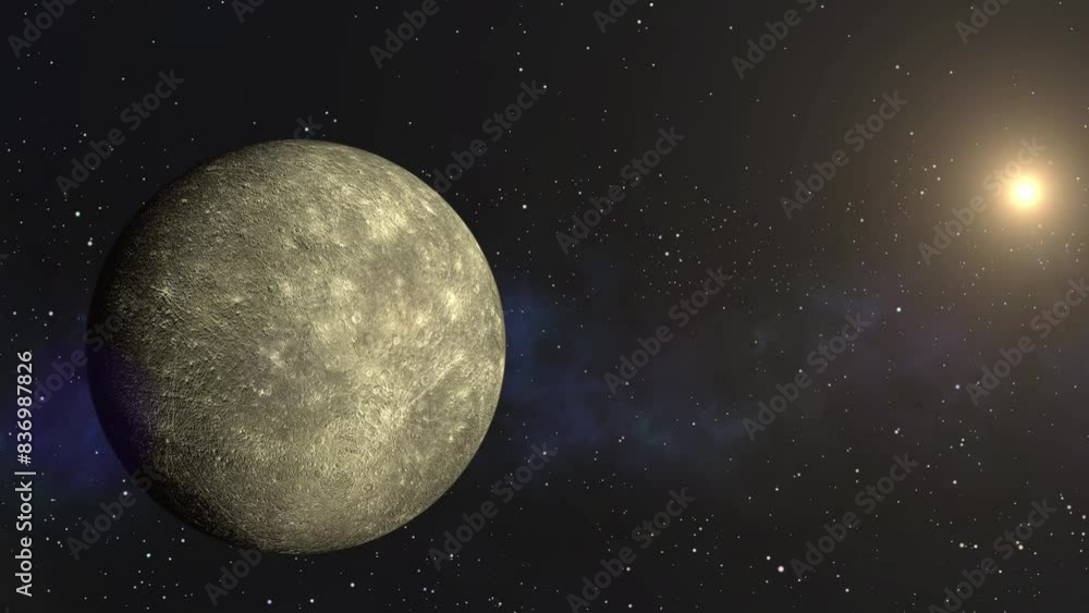Poster 3d rotating mercury planet closeup shot, lots of stars and 3d mercury planet rotating with nebula an