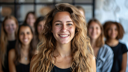 Obraz premium Young woman leader in a workplace, confidently smiling and standing in front of a team