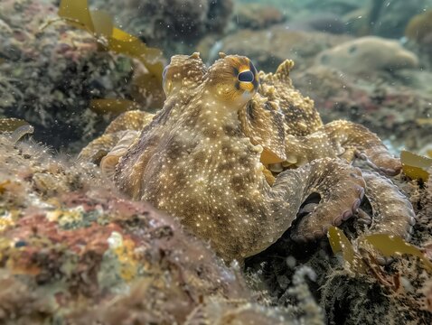 AI generated illustration of a camouflaged octopus at the bottom of the sea