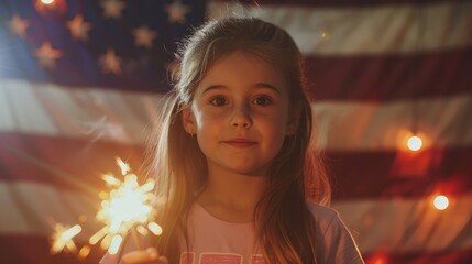 Close-up of a girl enjoying a sparkler with an American flag backdrop and ample copy space