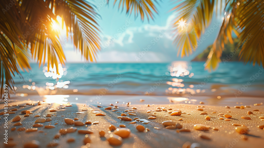 Poster a beautiful beach scene with palm trees and a clear blue ocean. scene is peaceful and relaxing. summ