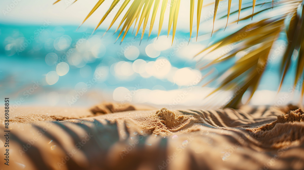 Poster a beautiful beach scene with palm trees and a clear blue ocean. scene is peaceful and relaxing. summ