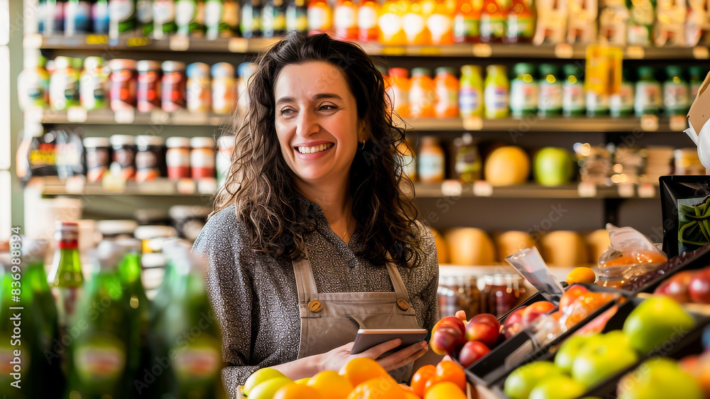 Wall mural smiling woman shopping in a grocery store with a variety of fresh vegetables and fruits displayed. i