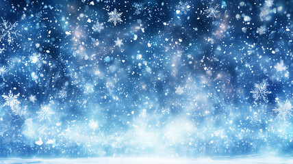 Obraz premium A snow-covered landscape with a blue sky in the background. The snow is falling and the sky is bright and clear