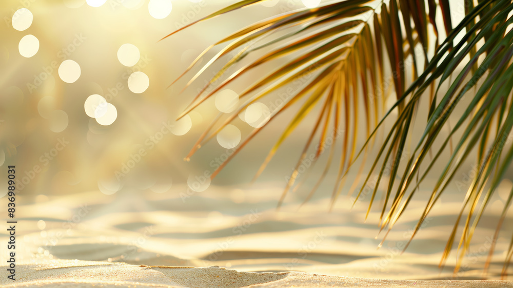 Poster a beautiful beach scene with palm trees and a clear blue ocean. scene is peaceful and relaxing. summ