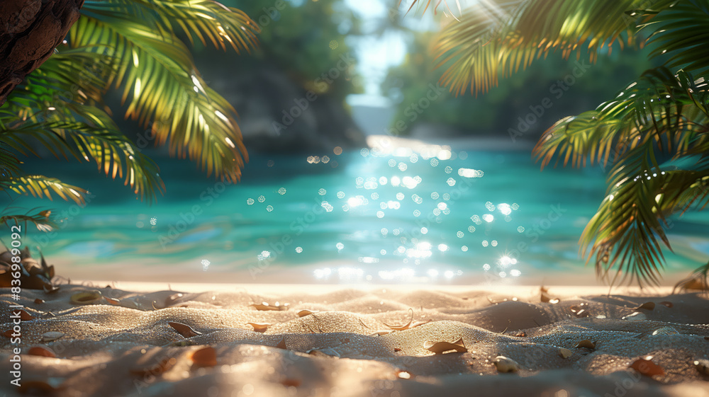 Poster a beautiful beach scene with palm trees and a clear blue ocean. scene is peaceful and relaxing. summ