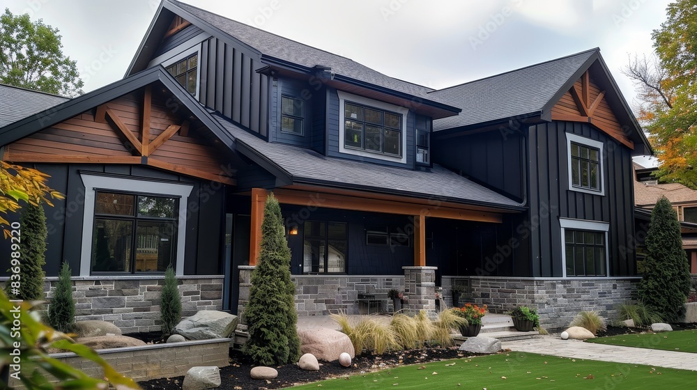 Wall mural A large black house with a wooden trim and a black roof