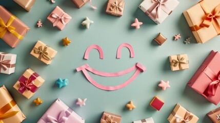 Background depicting a smiling face surrounded by many small gifts, expressing joy and gratitude.