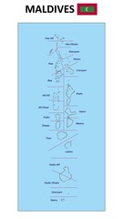 Maldives Map. State and district map of Maldives. Administrative map of Maldives with states and boundaries in white color.