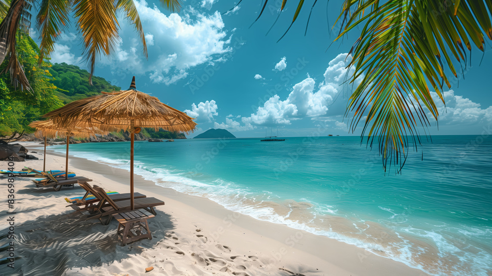 Poster a beach with a few umbrellas and chairs. the beach is empty and the sky is blue& panorama beautiful 