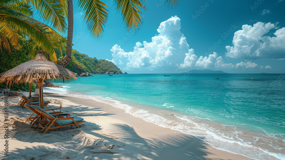 Poster a beach with a few umbrellas and chairs. the beach is empty and the sky is blue& panorama beautiful 
