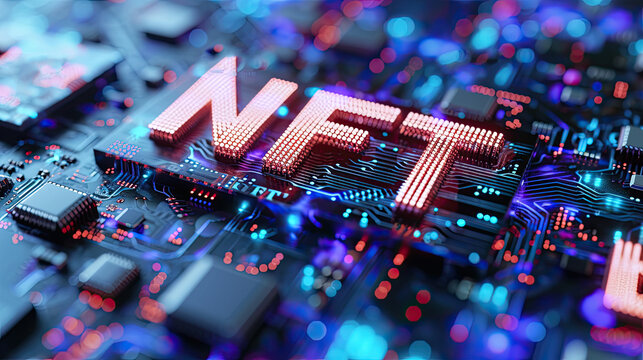NFT nonfungible tokens concept, NFT word on abstract technological surface,