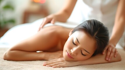 Obraz premium Relaxing Massage Therapy Session with Asian Woman on Spa Table