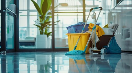 A blue bucket with a yellow handle and a yellow cloth inside