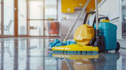 A blue bucket with a yellow handle and a yellow cloth inside