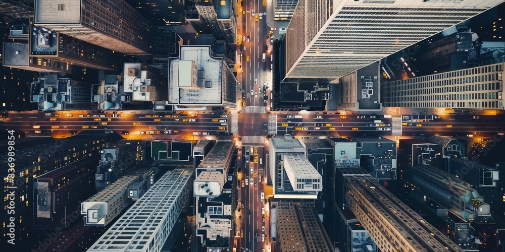 Poster A cityscape with tall buildings and a crosswalk